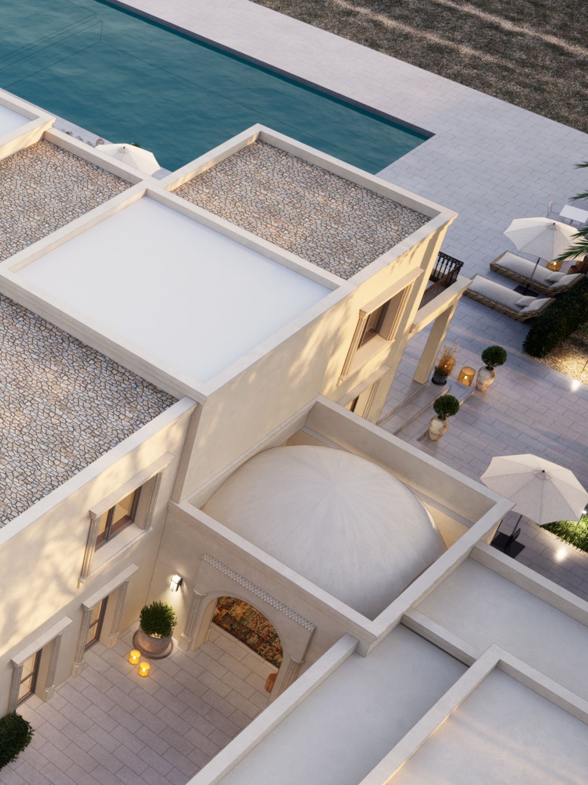 a white, flat-roofed, Mediterranean-style villa with a swimming pool shot from above