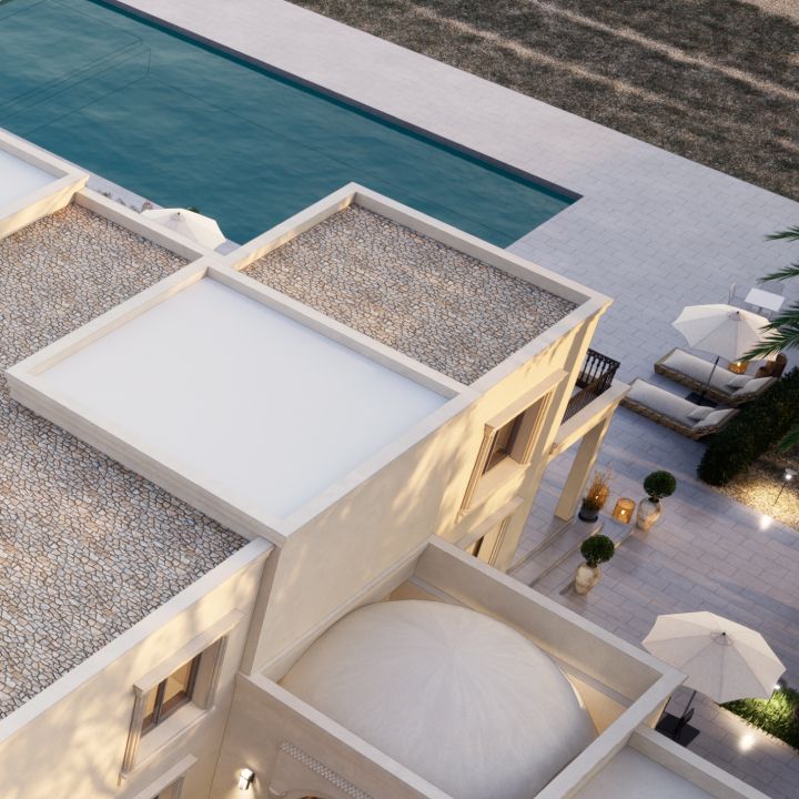 a white, flat-roofed, Mediterranean-style villa with a swimming pool shot from above